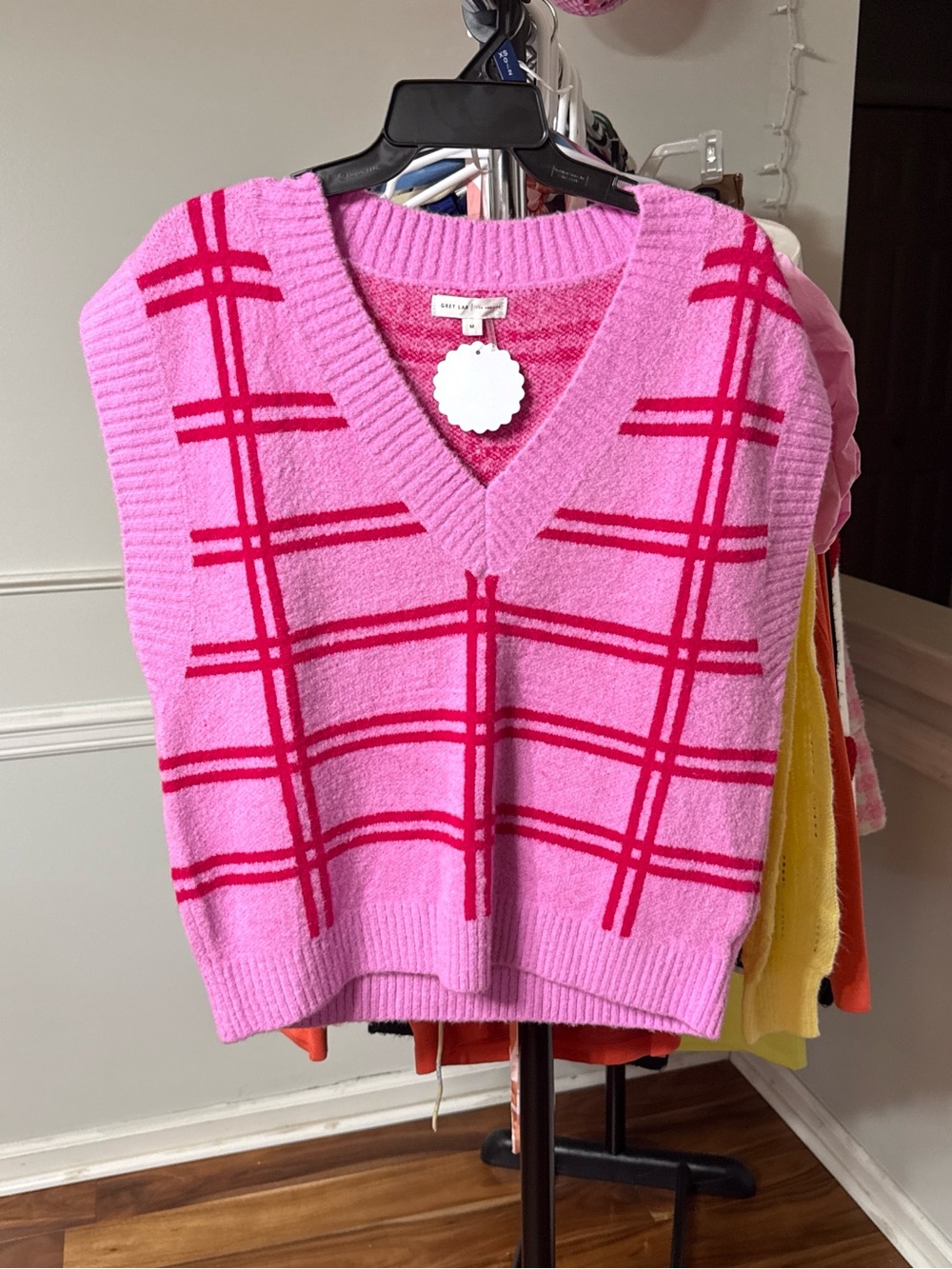 GREY LAB Pink Plaid V-Neck Sweater Vest